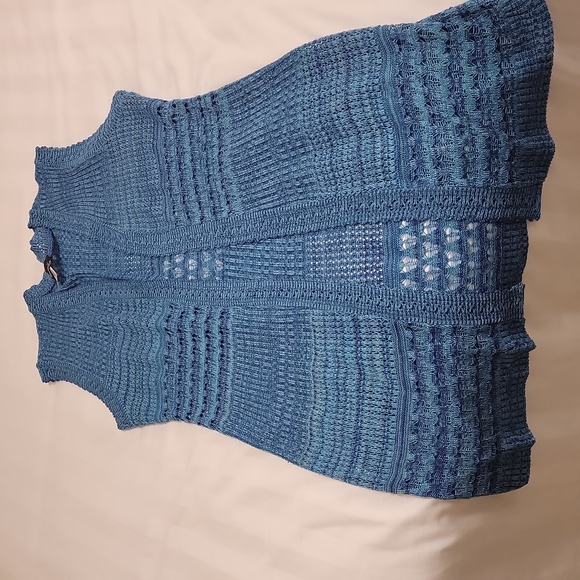 Vtg Blue Open Knit Dress Vest Cardigan Sweater Long Line Sz M Fleurette - Picture 4 of 8